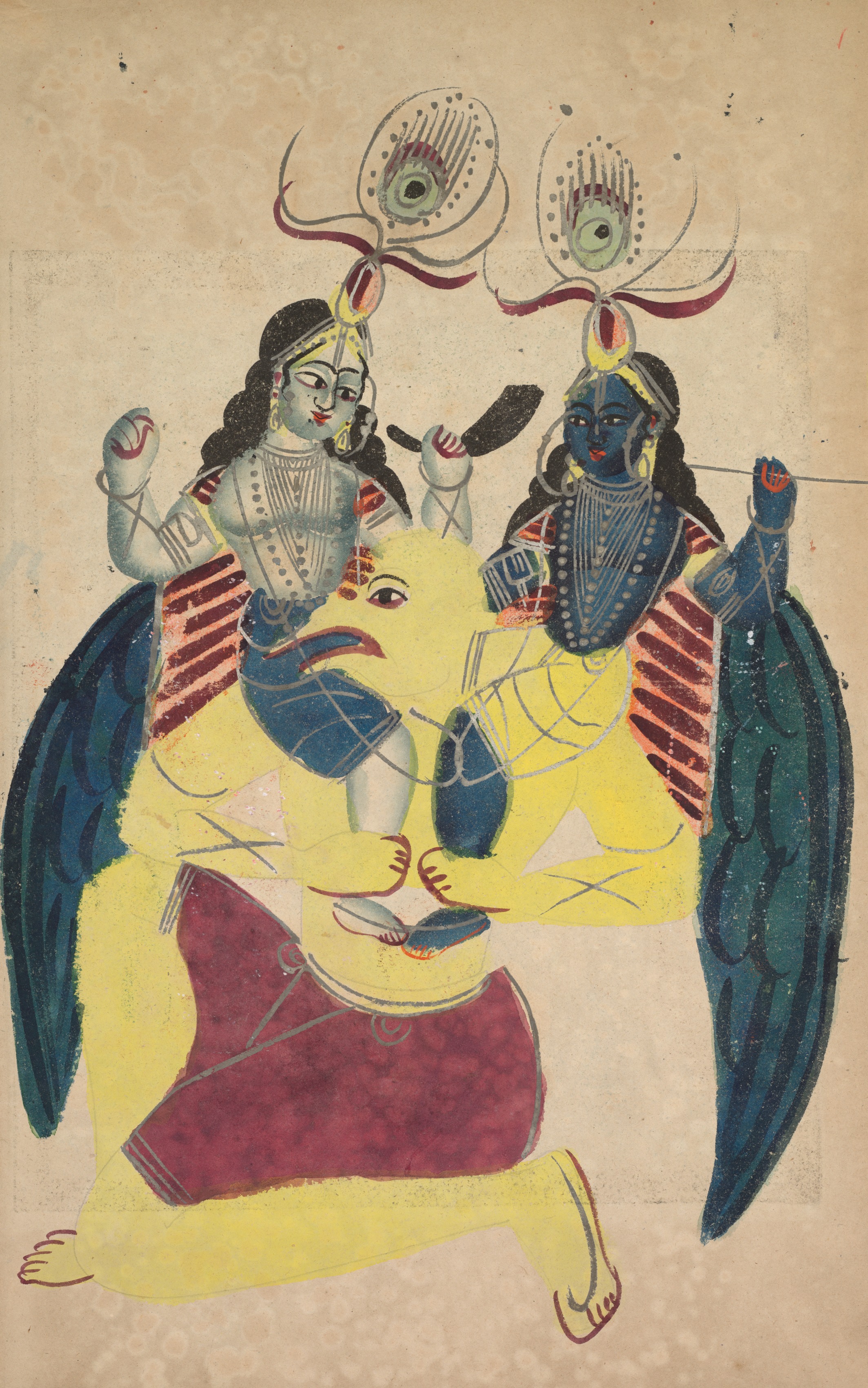 Garuda Carrying Balarama and Krishna (verso), from a Kalighat album