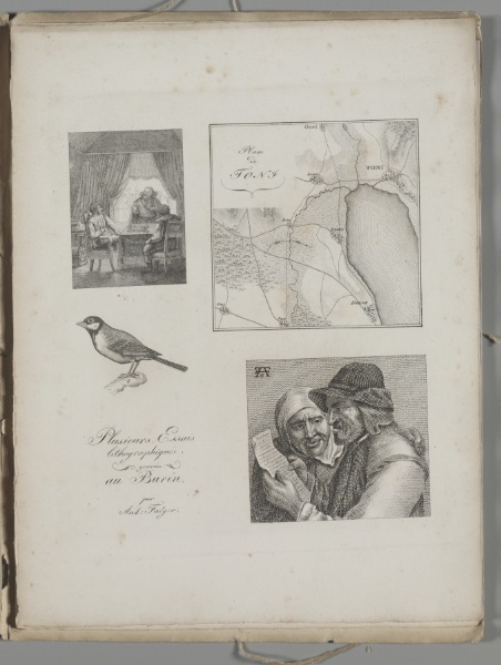 Art of the Lithograph: Four Engraving Samples, War Tent, Map of Toni, Bird, Dutch Farmer and Woman 