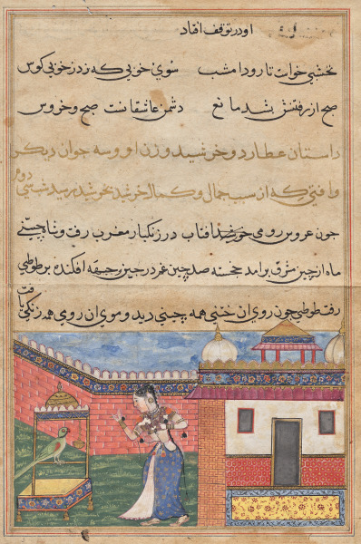 The parrot addresses Khujasta at the beginning of the thirty-second night, from a Tuti-nama (Tales of a Parrot)