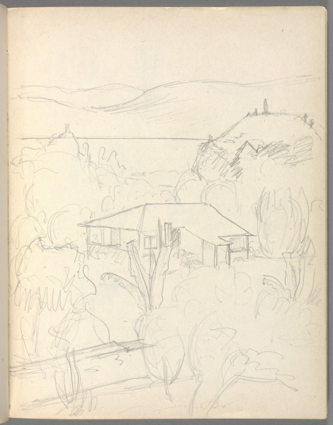 Sketchbook No. 6, page 155: Pencil Landscape with house, hills, and water