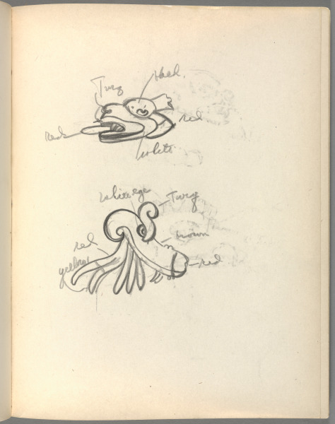 Sketchbook No. 6, page 149: Pencil 2 animal designs with color notations