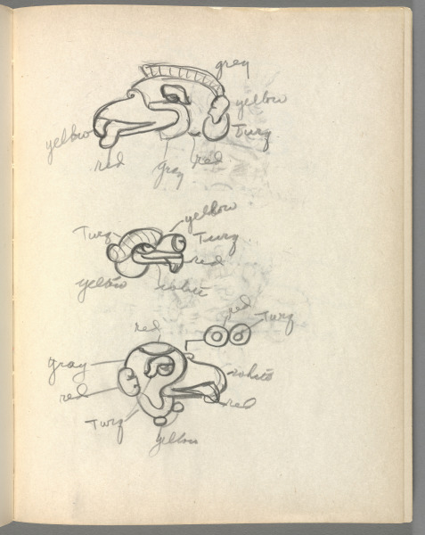 Sketchbook No. 6, page 147: Pencil 3 animal designs with color notations