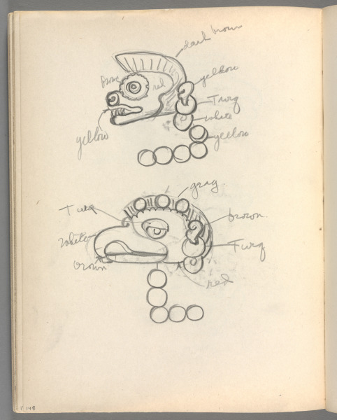 Sketchbook No. 6, page 148: Pencil 2 animal designs with color notations