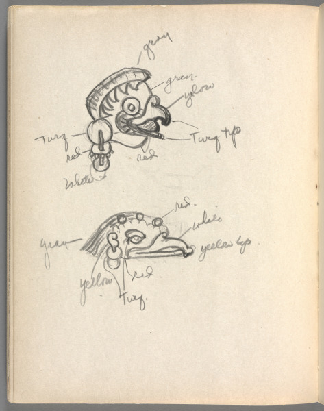 Sketchbook No. 6, page 152: Pencil 2 animal designs with color notations