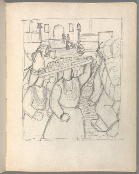Sketchbook No. 6, page 161: Pencil drawing for color woodcut, Market Chichcasterago