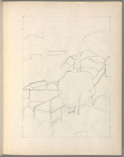 Sketchbook No. 6, page 163: Pencil drawing in borderline of houses and trees