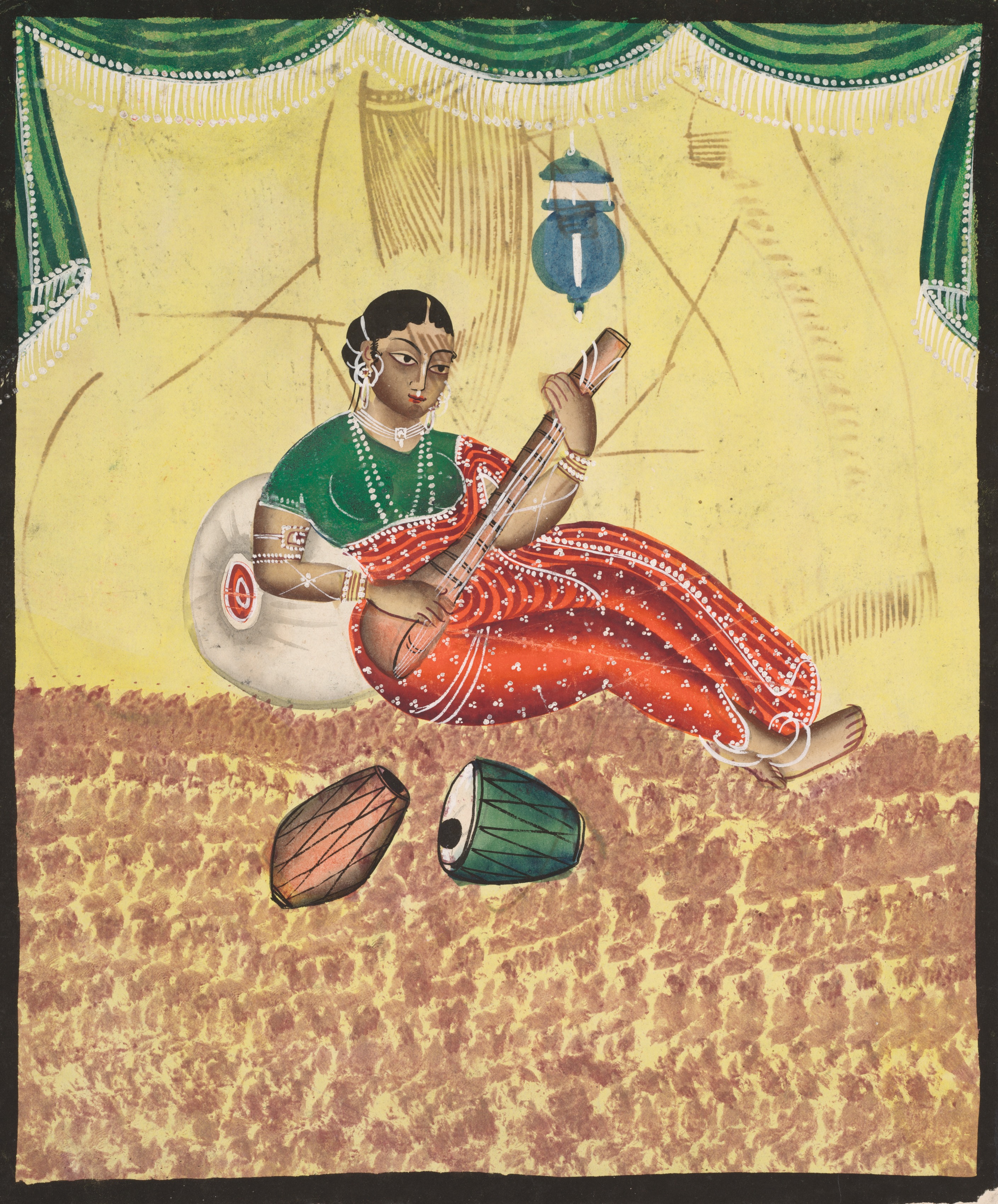 Woman Playing Music (recto), from a Kalighat album