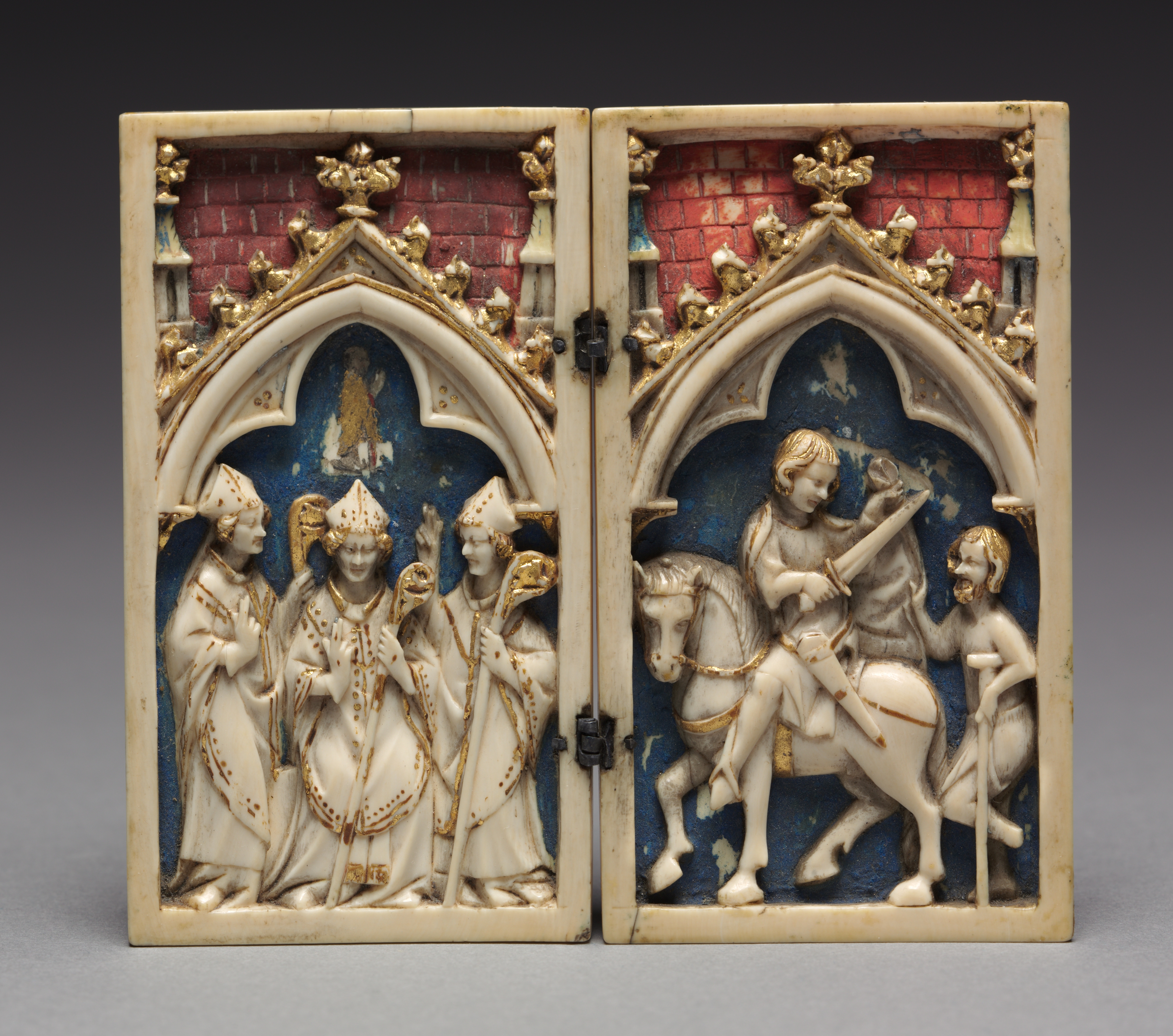 Diptych with Scenes from the Life of Saint Martin of Tours: The Consecration of Saint Martin as Bishop (left); Saint Martin Shares his Cloak with a Beggar
