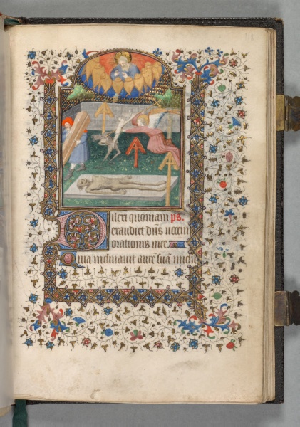 Book of Hours (Use of Paris): Fol. 118r, Angel and Devil Fighting over a Soul