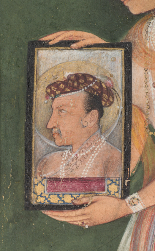 Nur Jahan, holding a portrait of Emperor Jahangir ...