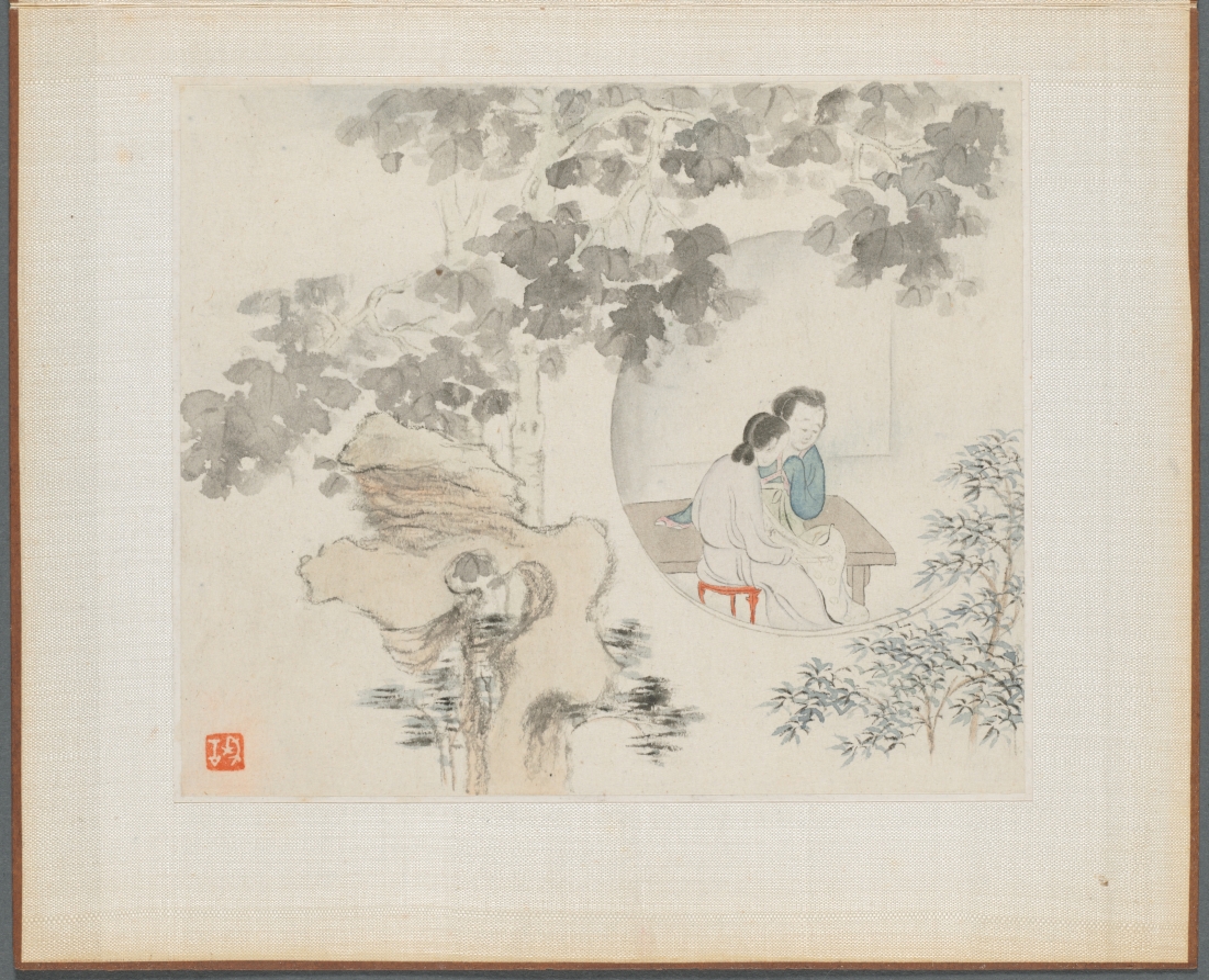 Album of Landscape Paintings Illustrating Old Poems: Two Women with Needlework in a Garden
