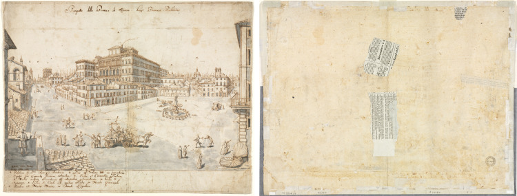 Eighteen Views of Rome: The Piazza Barberini (recto); Tracing of a Fountain from recto and Sketches of Two Faces (verso)