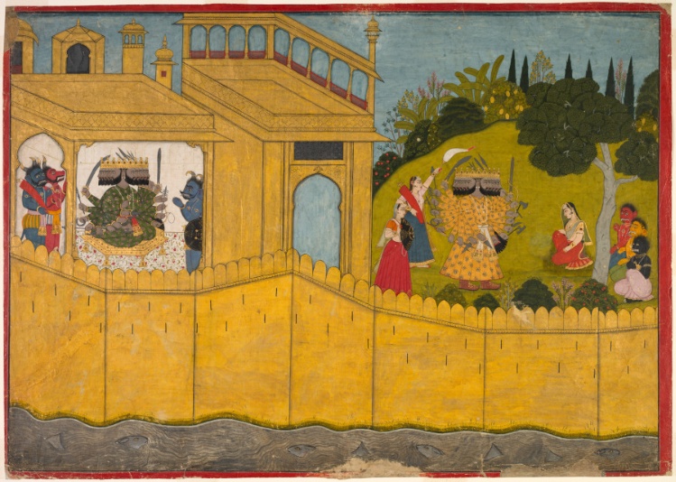 Ravana addresses Sita in the garden of Lanka, from Chapters 53 and 54 of the Aranya Kanda (Book of the Forest) of a Ramayana (Rama’s Journey)