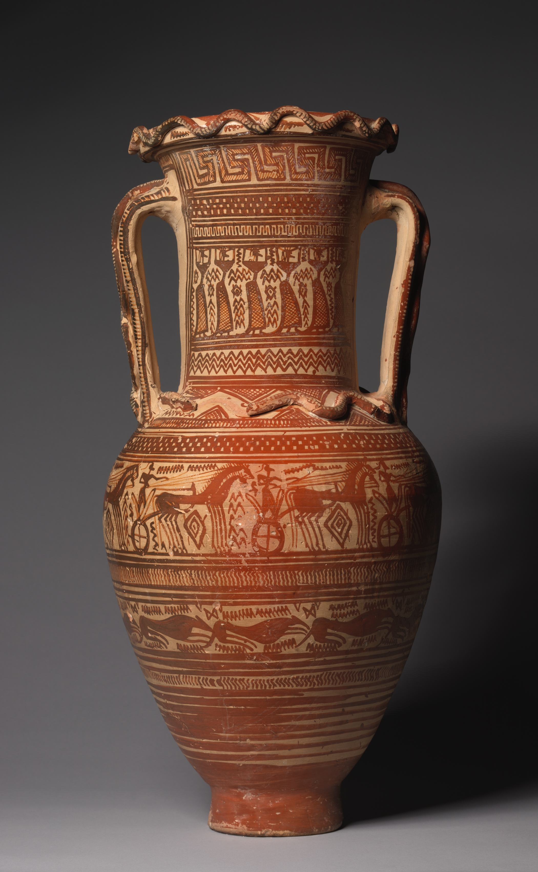 Geometric Neck-Handled Amphora (Storage Vessel): Prothesis (Laying out of Corpse), Mourners, Chariots