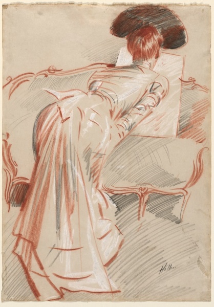 Woman (Possibly Madame Alice Hellu) Looking at a Drawing