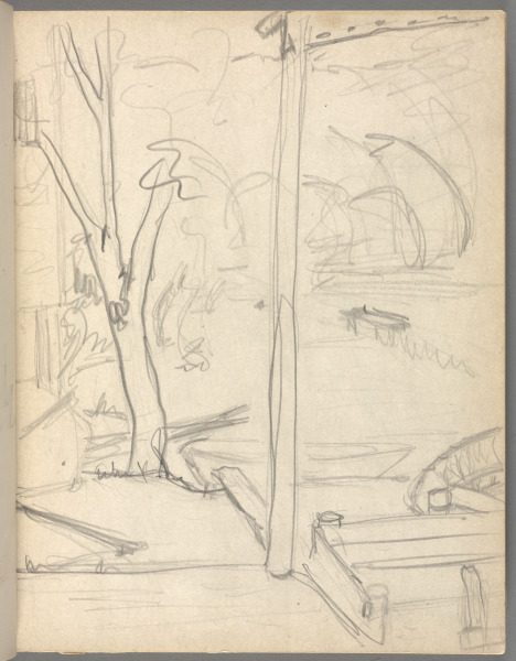 Sketchbook No. 6, page 19: Pencil sketch from porch with tree at the left