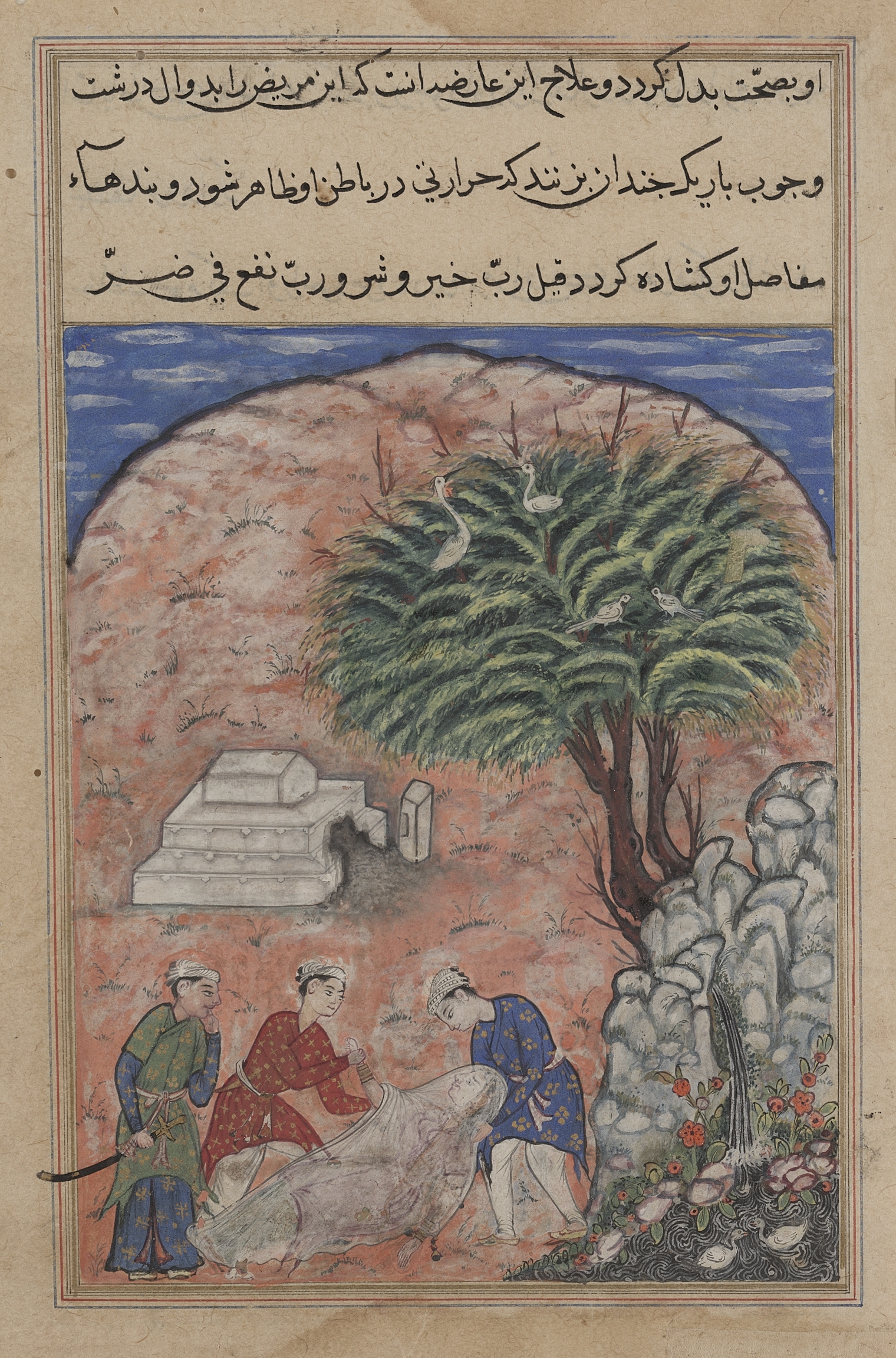 The suitors take the devotee’s daughter out of her tomb after breaking it open, when the physician discovers she is still alive, from a Tuti-nama (Tales of a Parrot): Twentieth Night