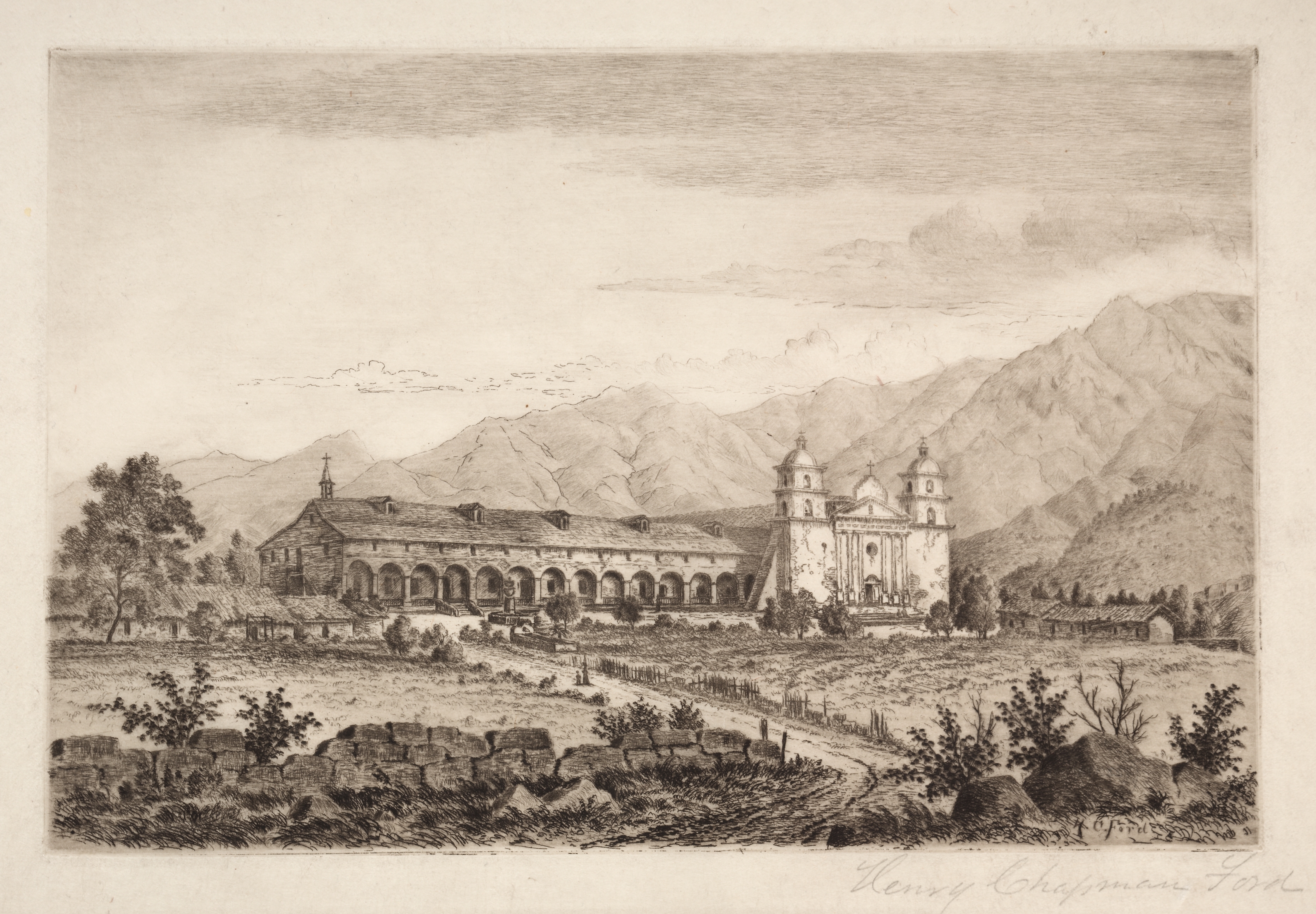 Santa Barbara Mission, from the series, Etchings of the Franciscan Missions of California