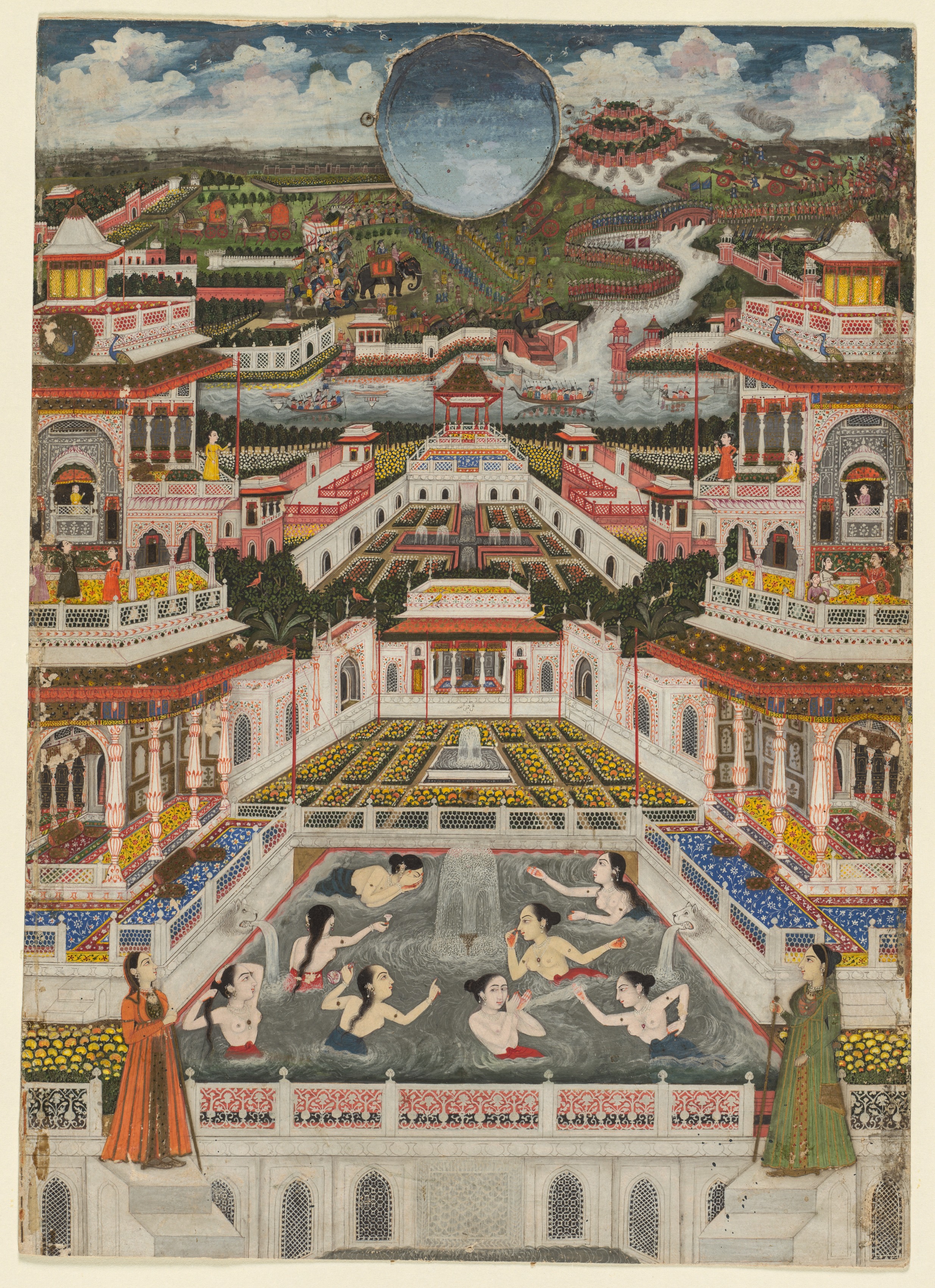Women bathing before an architectural panorama