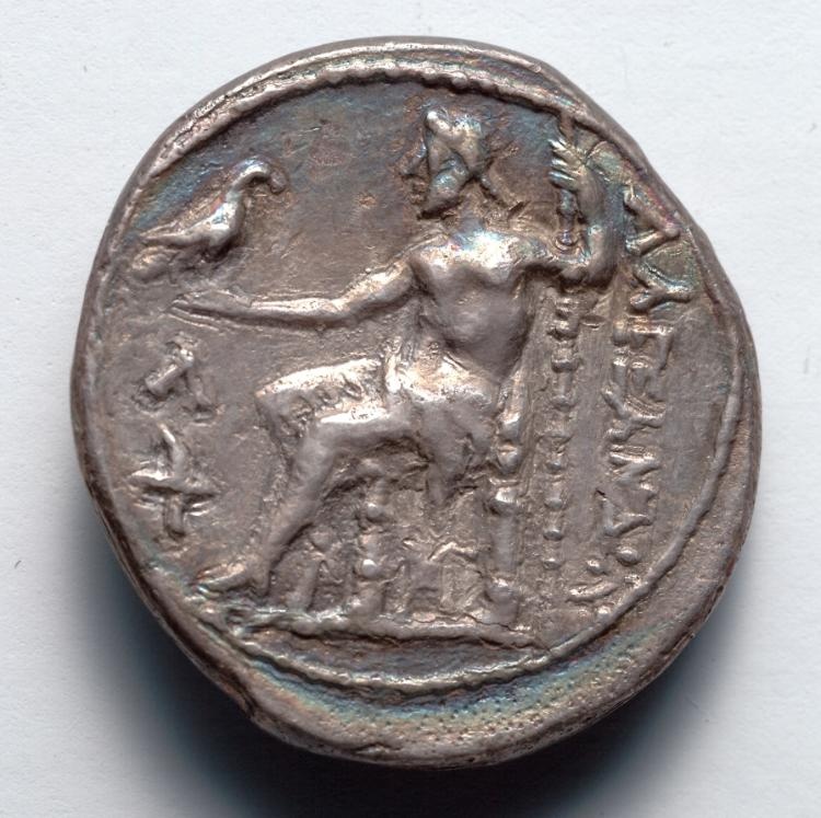 Tetradrachm: Zeus, Seated, l., Holding Staff and Eagle, Torch Left (reverse)