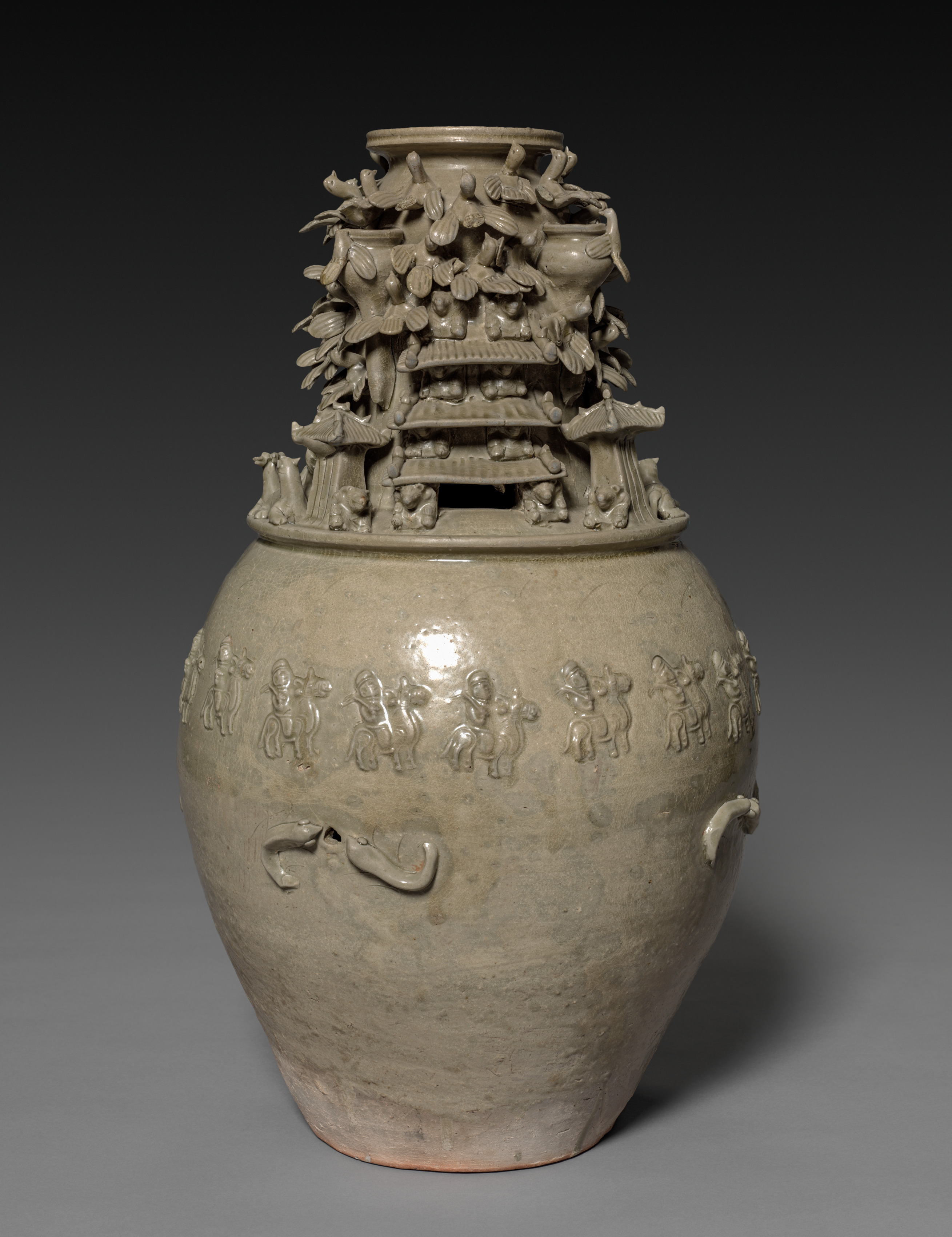 Funerary Urn (Hunping) with Figures, Pavilions, and Birds