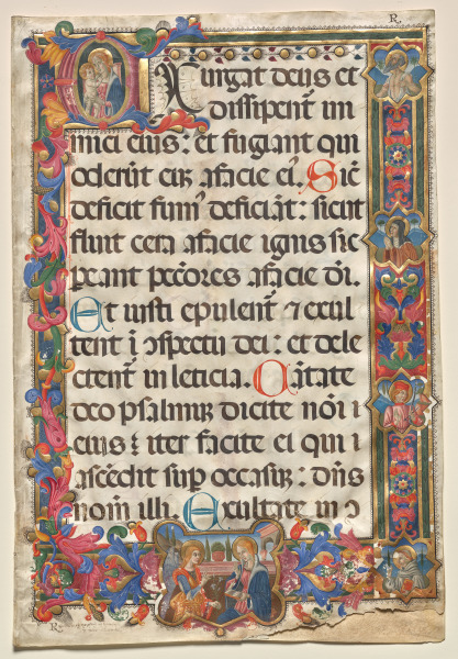 Leaf from a Psalter with Full Border with Medallions (Annunciation, SS. Jerome, Clare, Sebastian and Bernardino) and Historiated Initial (E): Virgin and Child