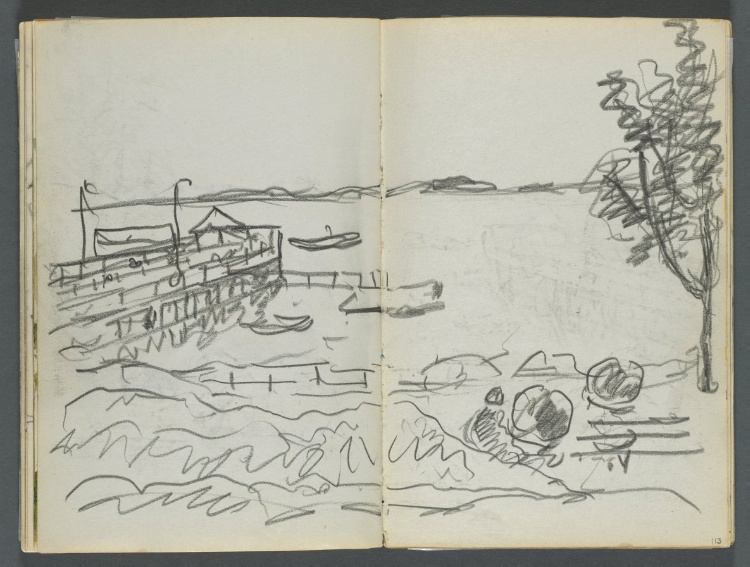 Sketchbook, The Dells, N° 127, page 112 & 113: View of Dock 