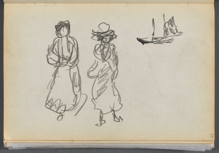 Sketchbook- The Granite Shore Hotel, Rockport, page 039: Two Figures and a Sailboat 