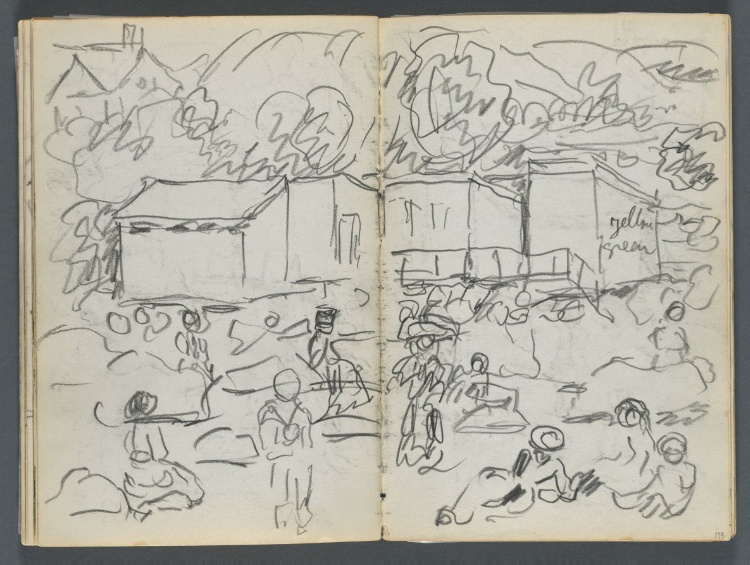 Sketchbook, The Dells, N° 127, page 114 & 115: Landscape with Figures and Buildings