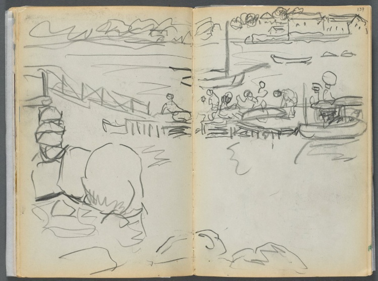 Sketchbook- The Granite Shore Hotel, Rockport, page 136 & 137: The Dock 
