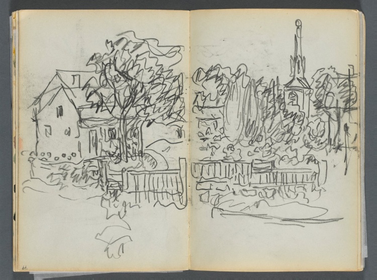 Sketchbook- The Granite Shore Hotel, Rockport, page 078 & 79: Village Scene with Church Spire 