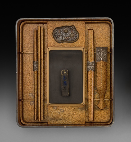Base of Writing Box (Suzuribako) with Chrysanthemum and Plum Containing Inkstone, Water-dropper, Brushes, Ink-stick Holder, and Paper Knife