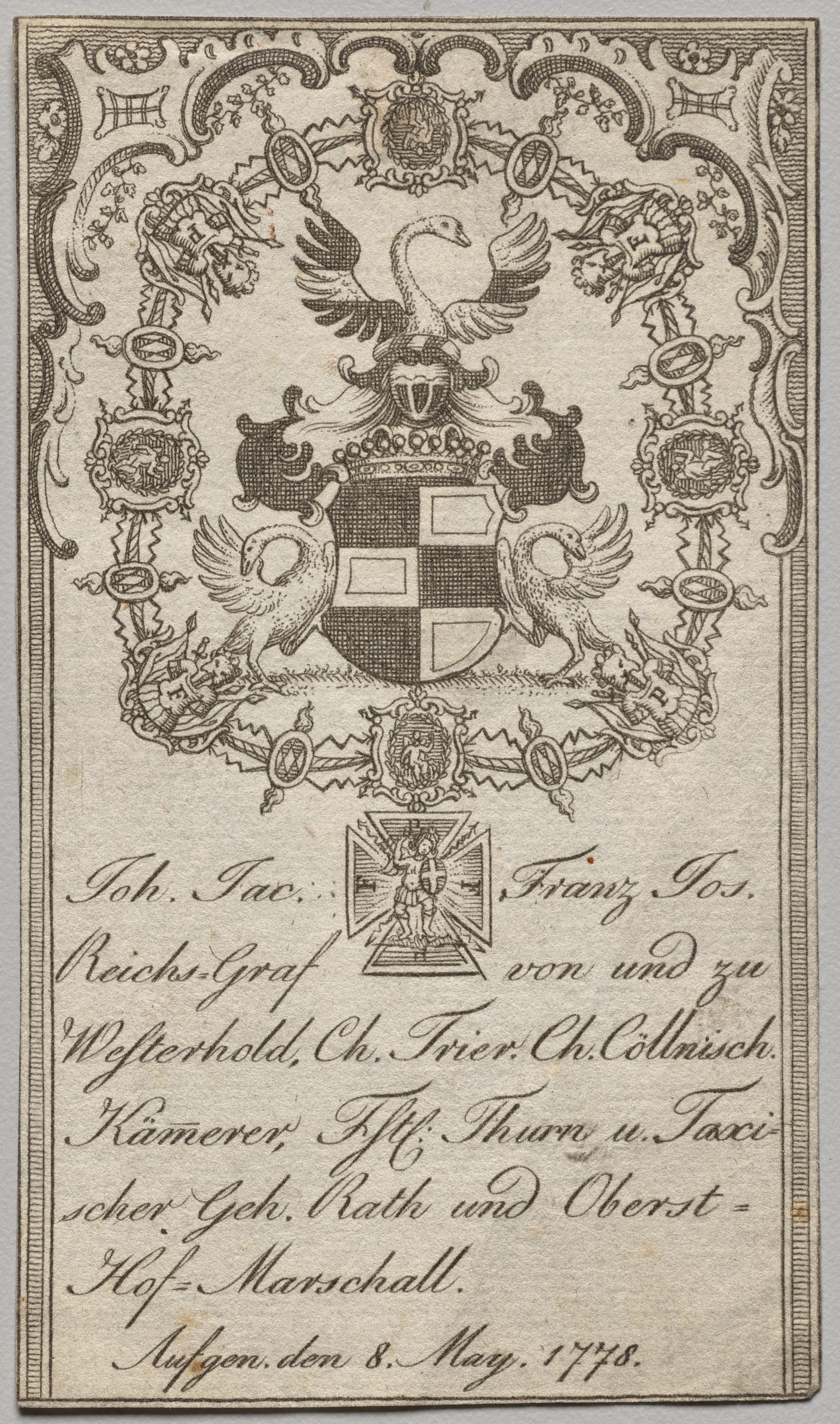 Bookplate: Johan. Jac. Franz-Joseph, Reichs-Graf von Westerhold