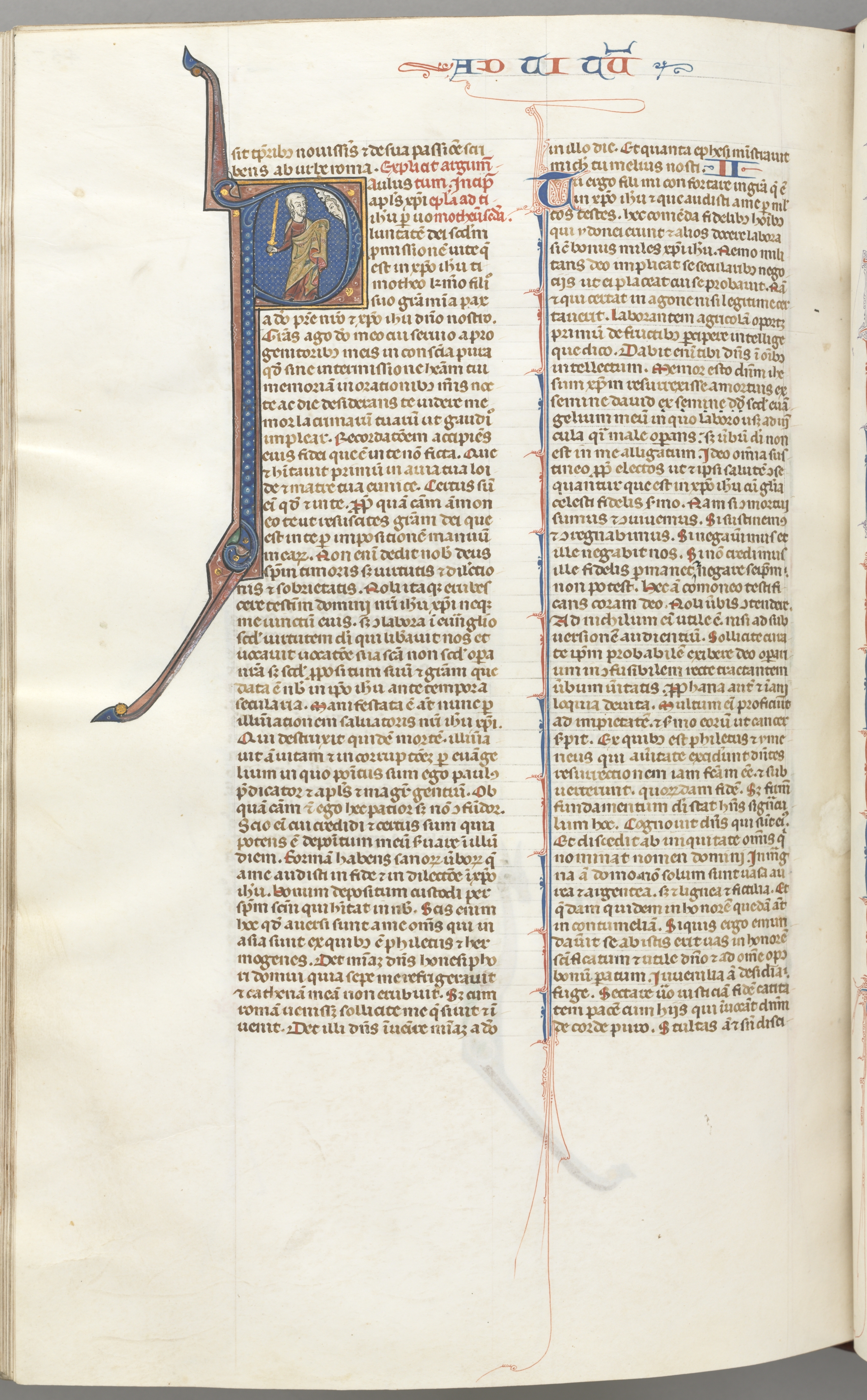 Fol. 457v, Timothy II, historiated initial P, Paul talking to the bust of God above
