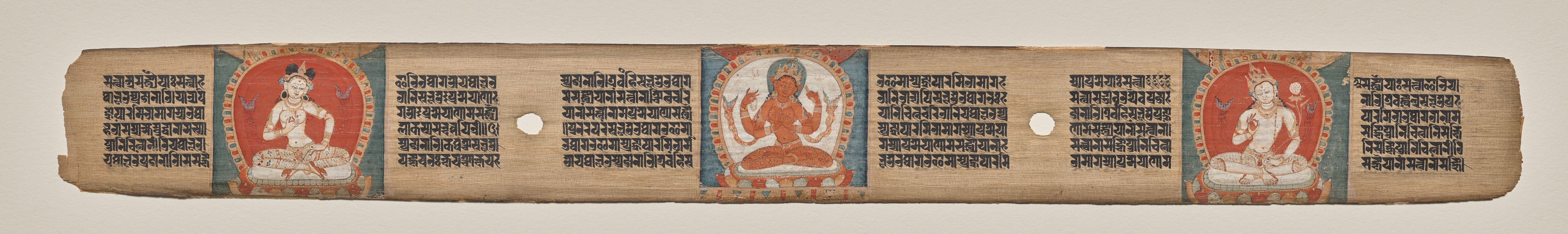 Prajnaparamita flanked by a white female figure and a white bodhisattva, folio 90 (recto), from a Manuscript of the Perfection of Wisdom in Eight Thousand Lines (Ashtasahasrika Prajnaparamita-sutra)