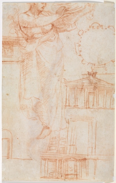 A Draped Female Figure (possibly an Amazon) and Architectural Studies (verso)