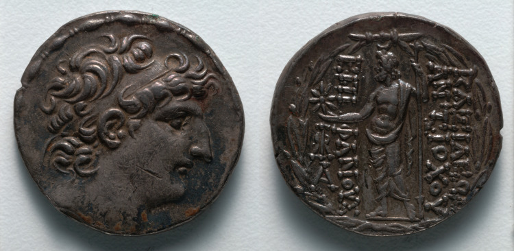 Tetradrachm: Head of Antiochos VIII (obverse); Zeus Ouranios (reverse)