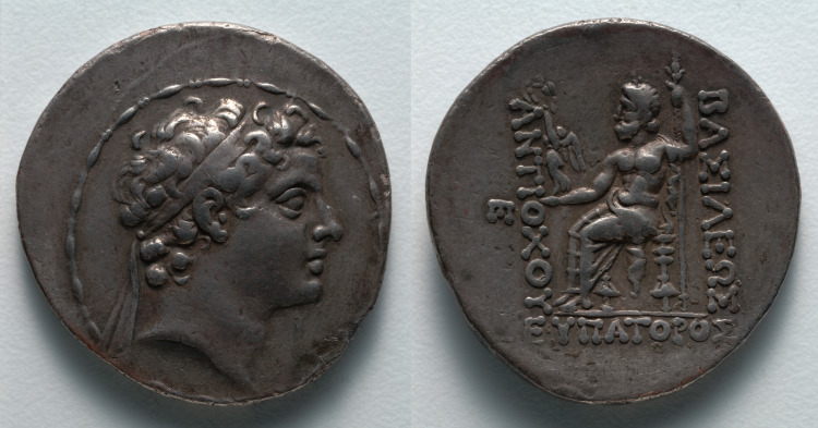 Tetradrachm: Head of Antiochos V (obverse); Zeus (reverse)