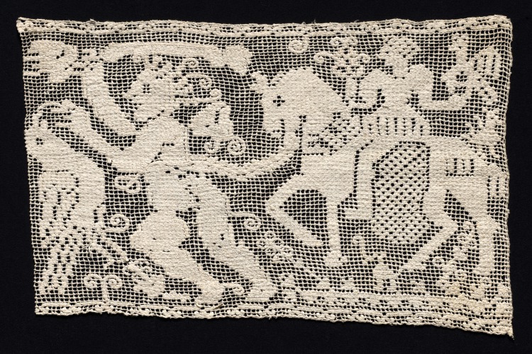 Fragment of a Band with Male Figure Leading Mounted Female Figure with Falcon