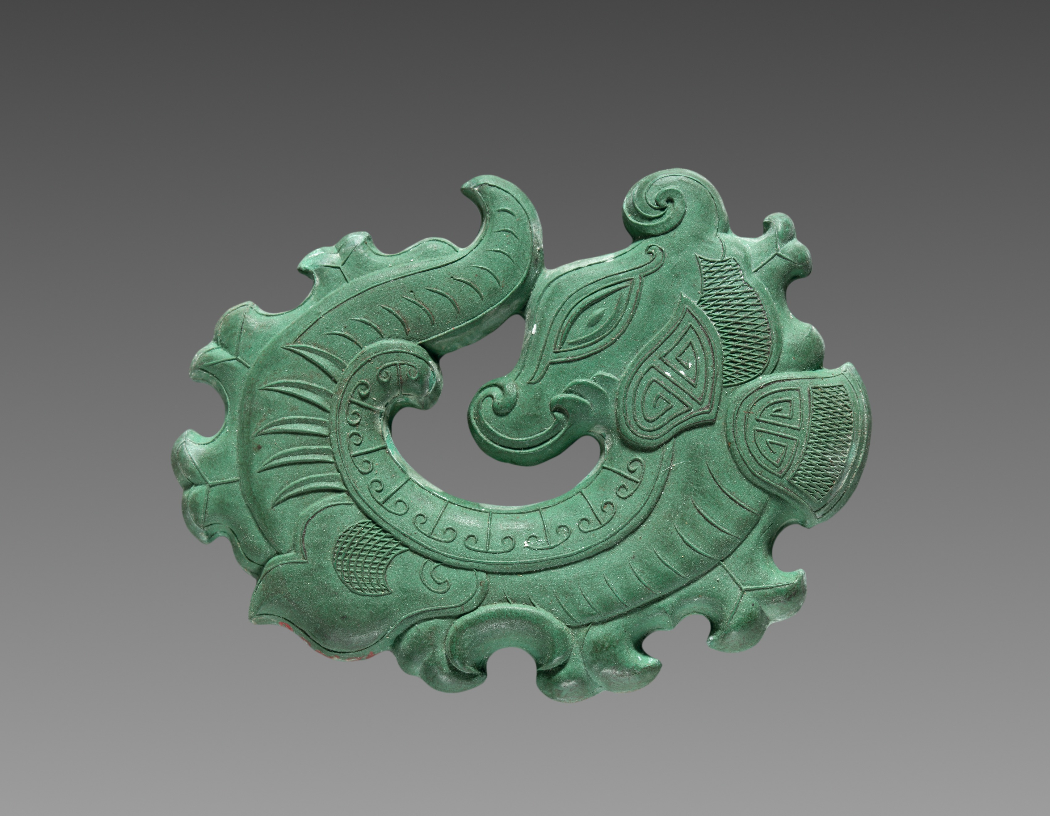 Box  with Ink Cakes:  Green Ink Cake in Shape of Coiled Dragon