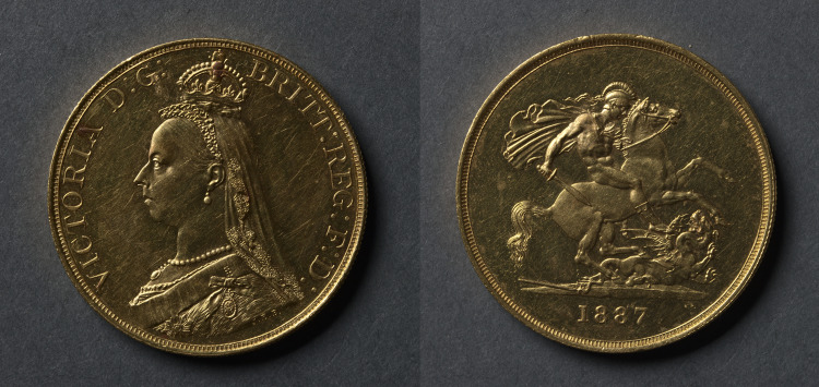 Five Pound Piece: Victoria (obverse); St. George and the Dragon (reverse)