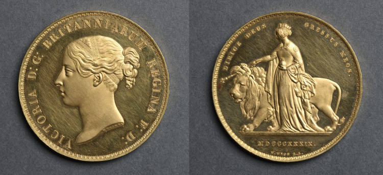 Five Pound Piece: Victoria (obverse); Una (reverse)