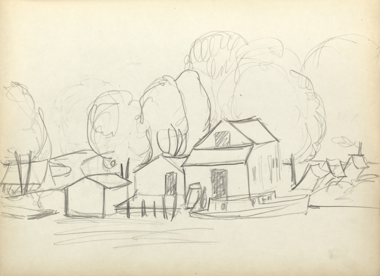 Sketchbook #1: Houses, houseboat, water (page 29)
