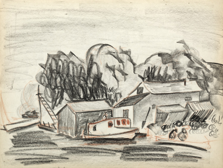 Sketchbook #1: Landscape with houseboat (page 25)