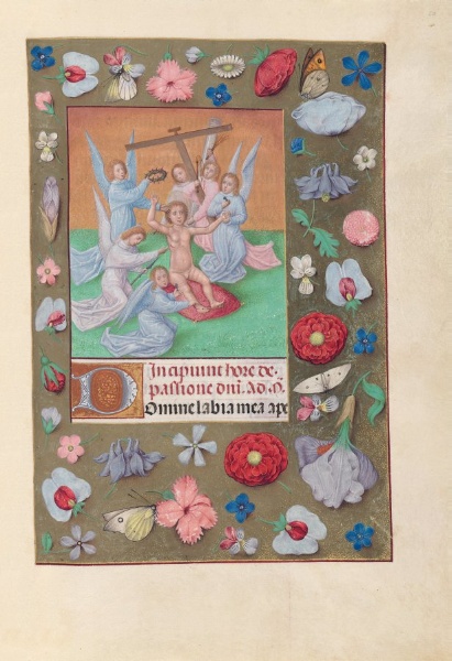 Hours of Queen Isabella the Catholic, Queen of Spain:  Fol. 50r, Infant Christ with Instruments of the Passion