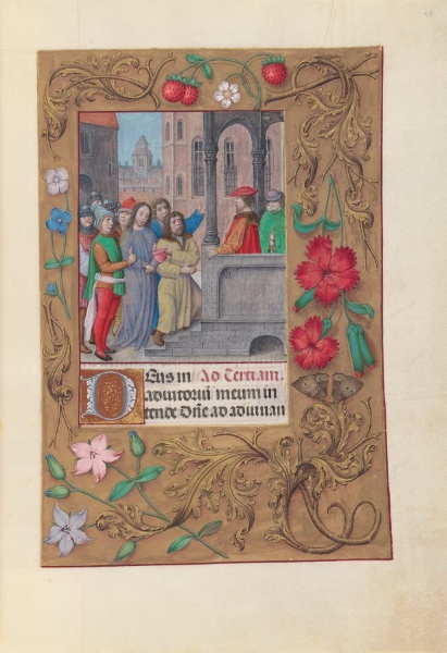 Hours of Queen Isabella the Catholic, Queen of Spain:  Fol. 63r, Christ before Pilate