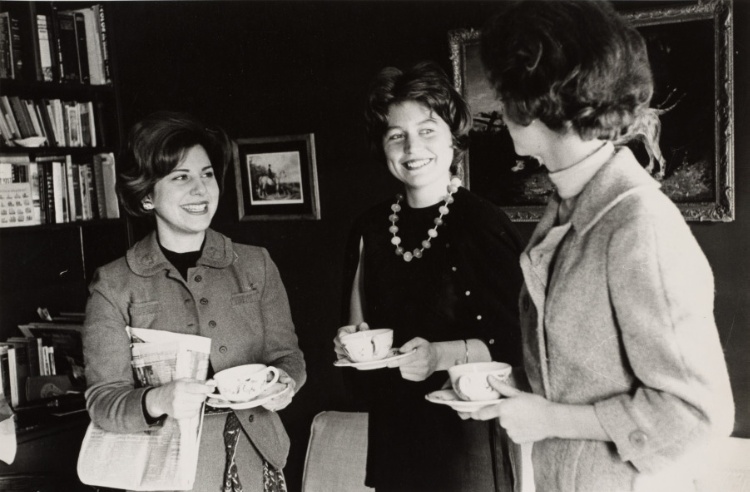 White House secretaries Jill S. Cowen, Priscilla Wear, and Phyllis Mills drinking coffee