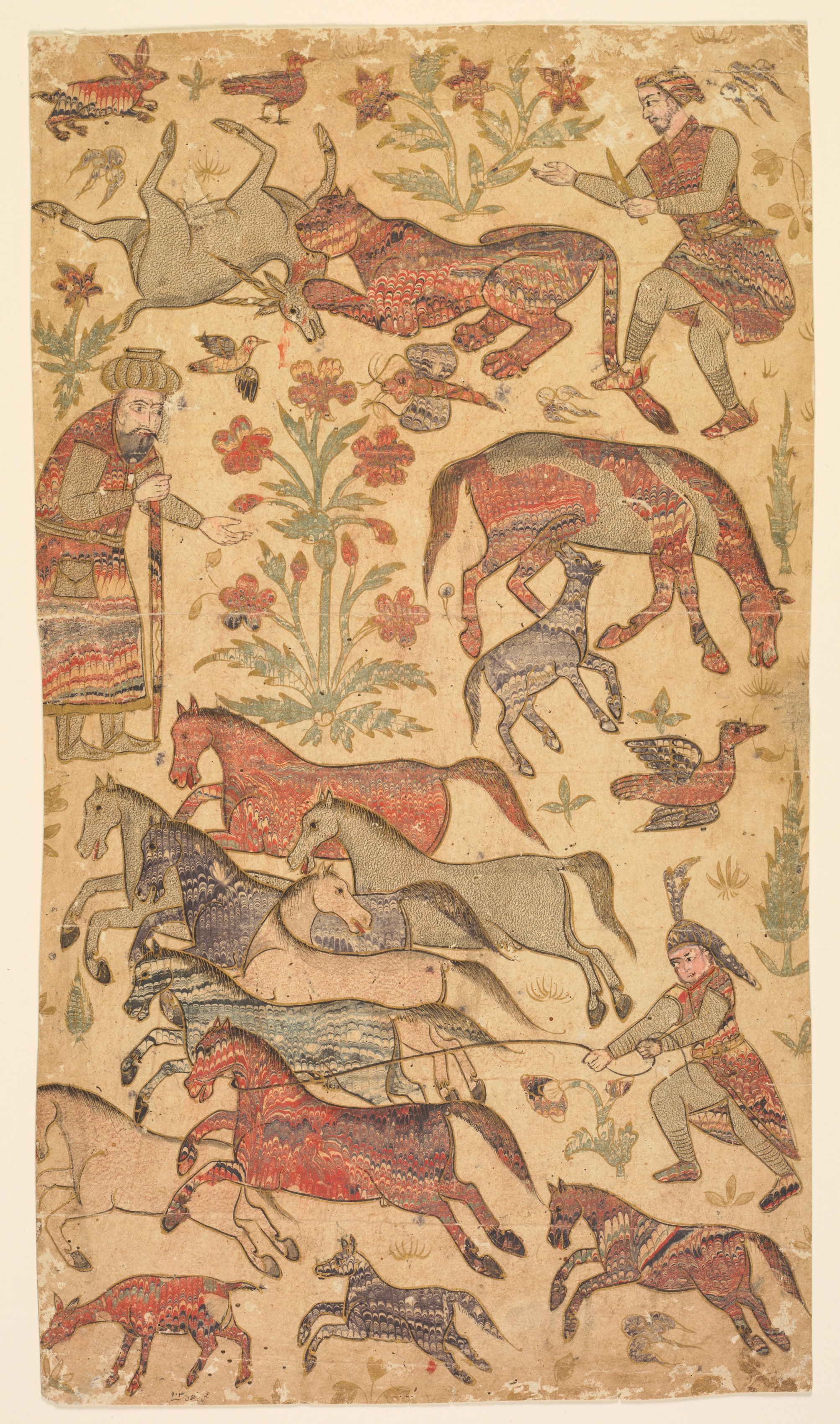 A marbled picture of Rustam catching Rakhsh