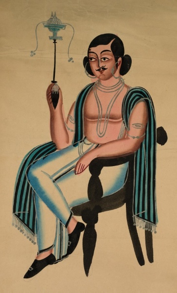 Man Seated in a European Chair Smoking a Margila Pipe, from a Kalighat album