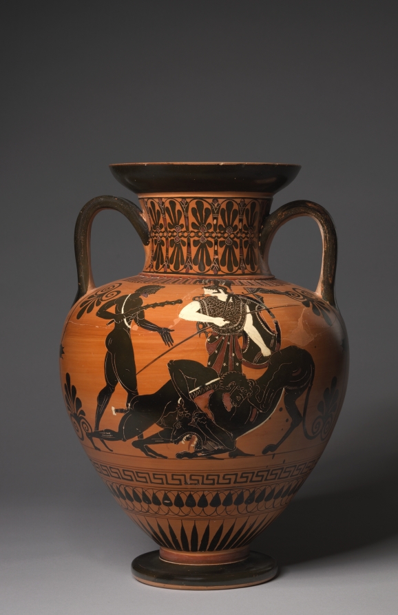 Black-Figure Neck-Amphora (Storage Vessel): Herakles and Nemean Lion (A); Dionysos, Satyrs, and Maenads (B)